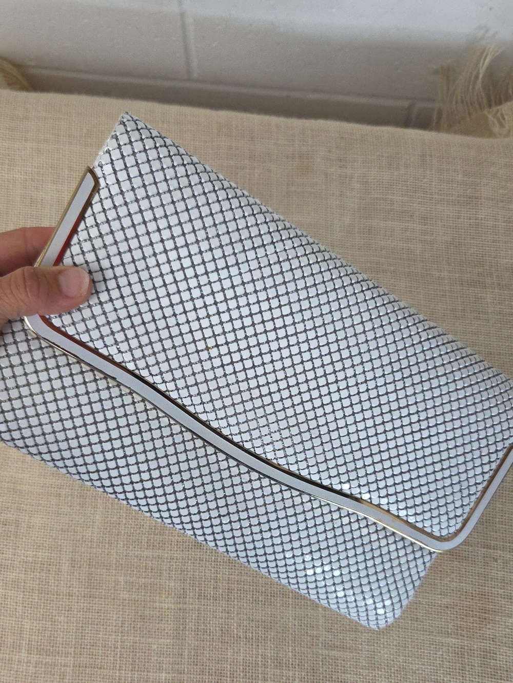 Vintage 70s white metal mesh clutch Chain Link shoulder evening bag